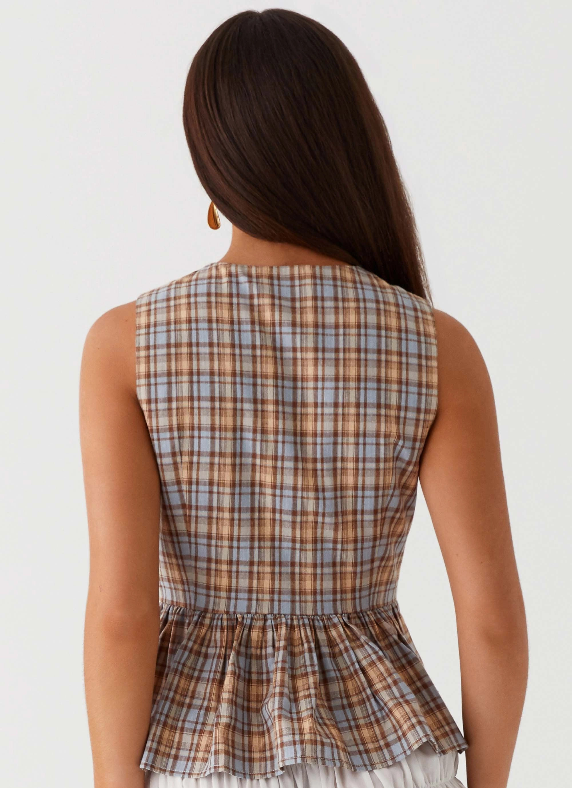 Antibacterial Fabric Cyrene Tie Top - Brown Check