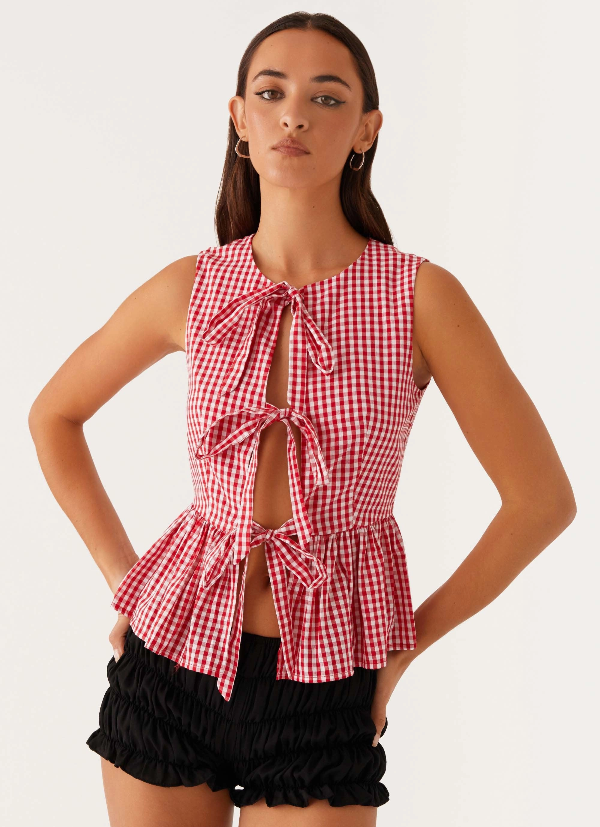 Cyrene Tie Top - Red Gingham Tension Balanced Design Anti Bacterial Layer