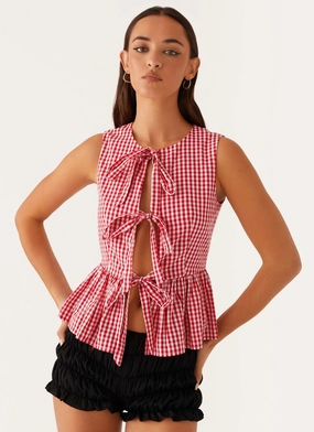 Cyrene Tie Top - Red Gingham Tension Balanced Design Anti Bacterial Layer