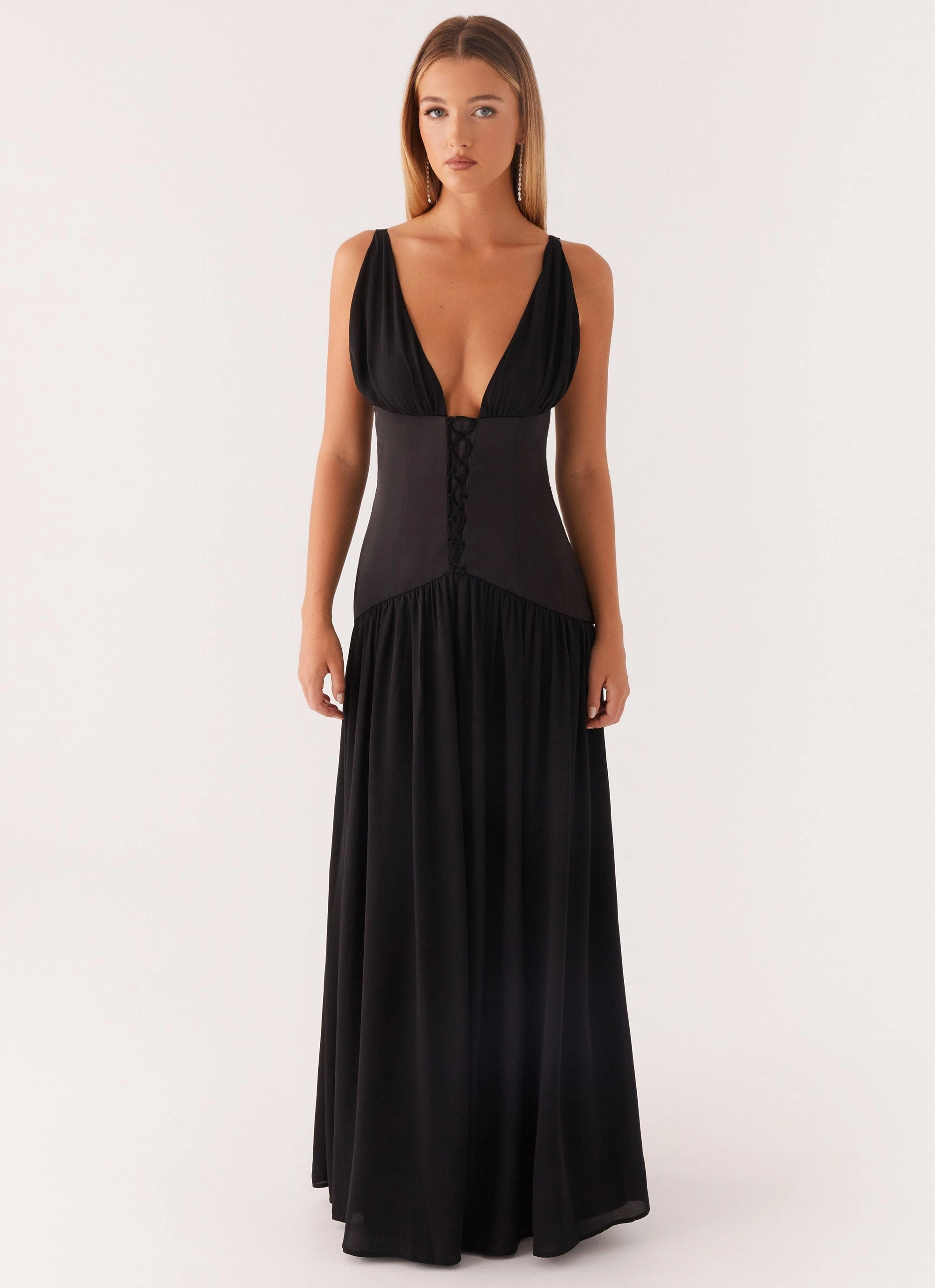 Dafina Satin Maxi Dress - Black Metallic-Shine Daily Wear