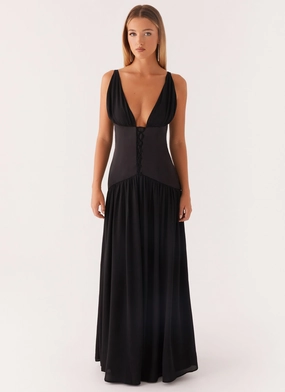 Dafina Satin Maxi Dress - Black Metallic-Shine Daily Wear