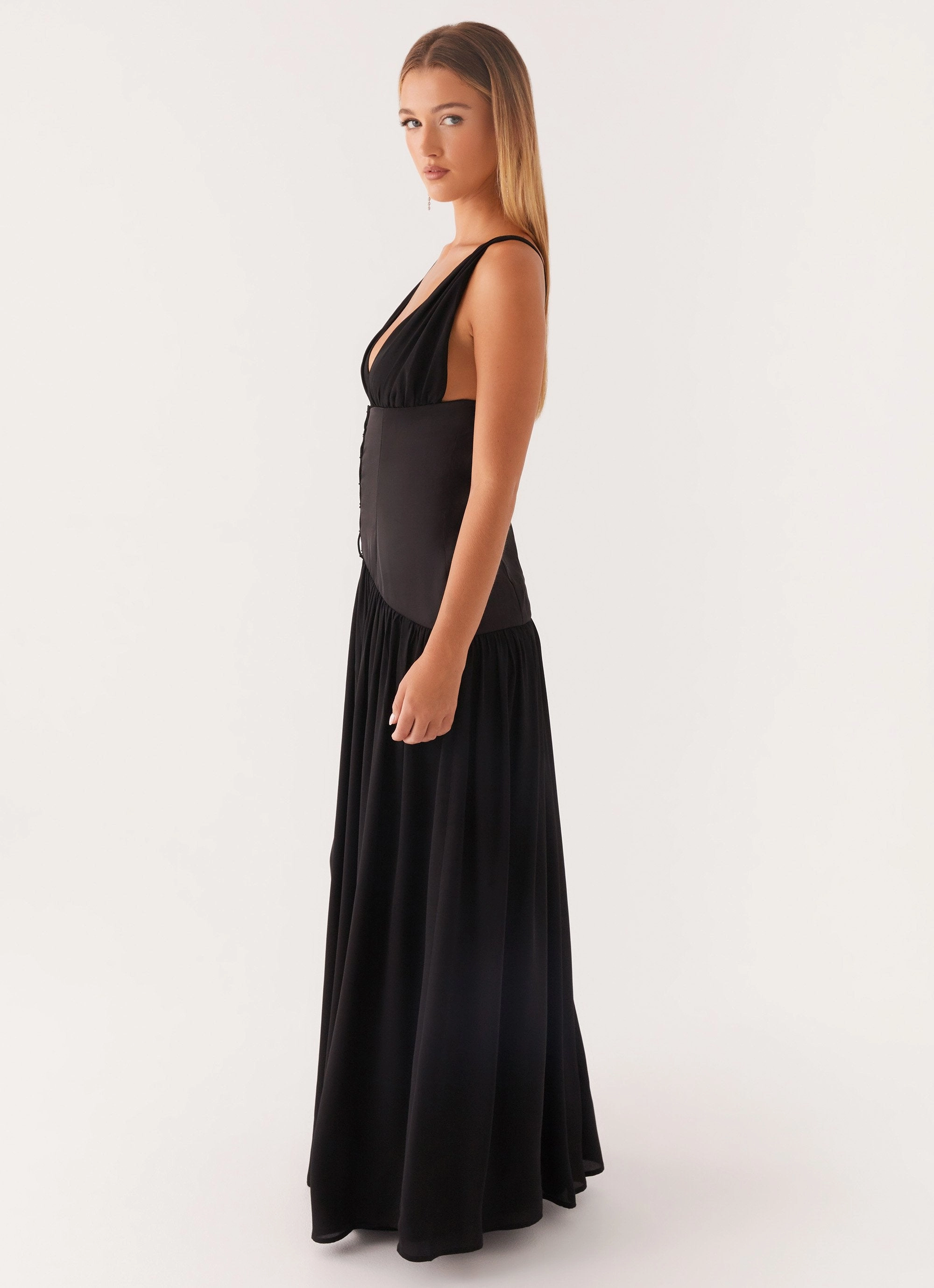 Bride Side Elegant Flow Dafina Satin Maxi Dress - Black
