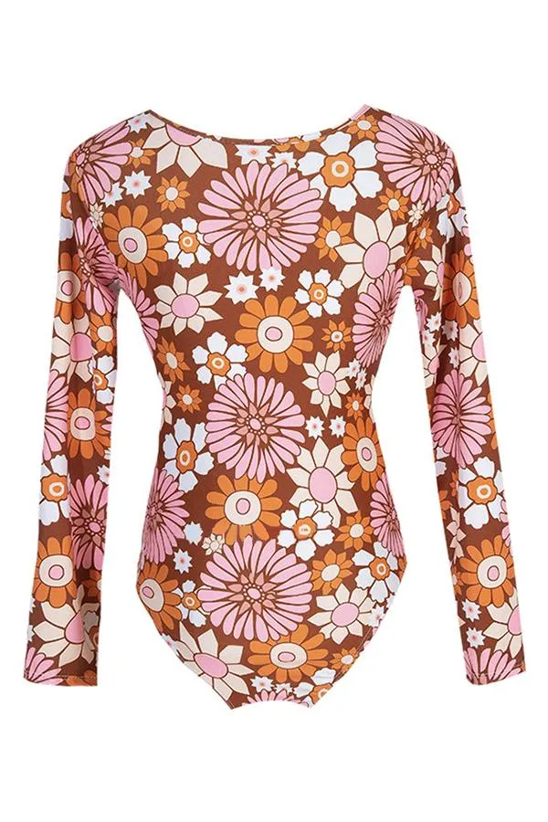 Daisy Print Long Sleeve Half Zip UPF50  Rash Guard