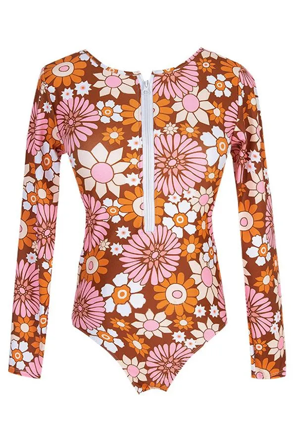 Daisy Print Long Sleeve Half Zip UPF50  Rash Guard