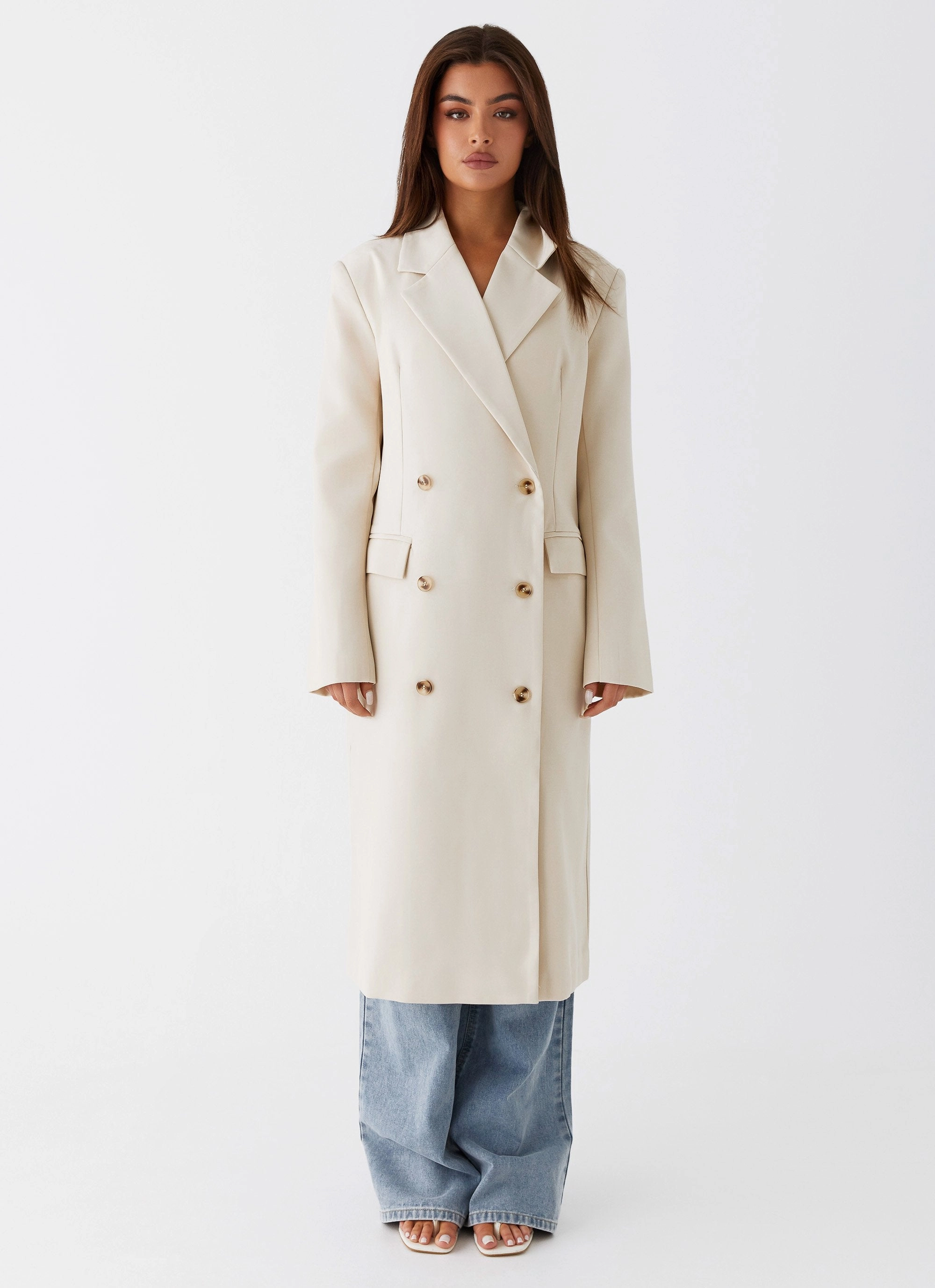 Dalia Double Breasted Blazer Coat - Beige Smooth Zipper Action