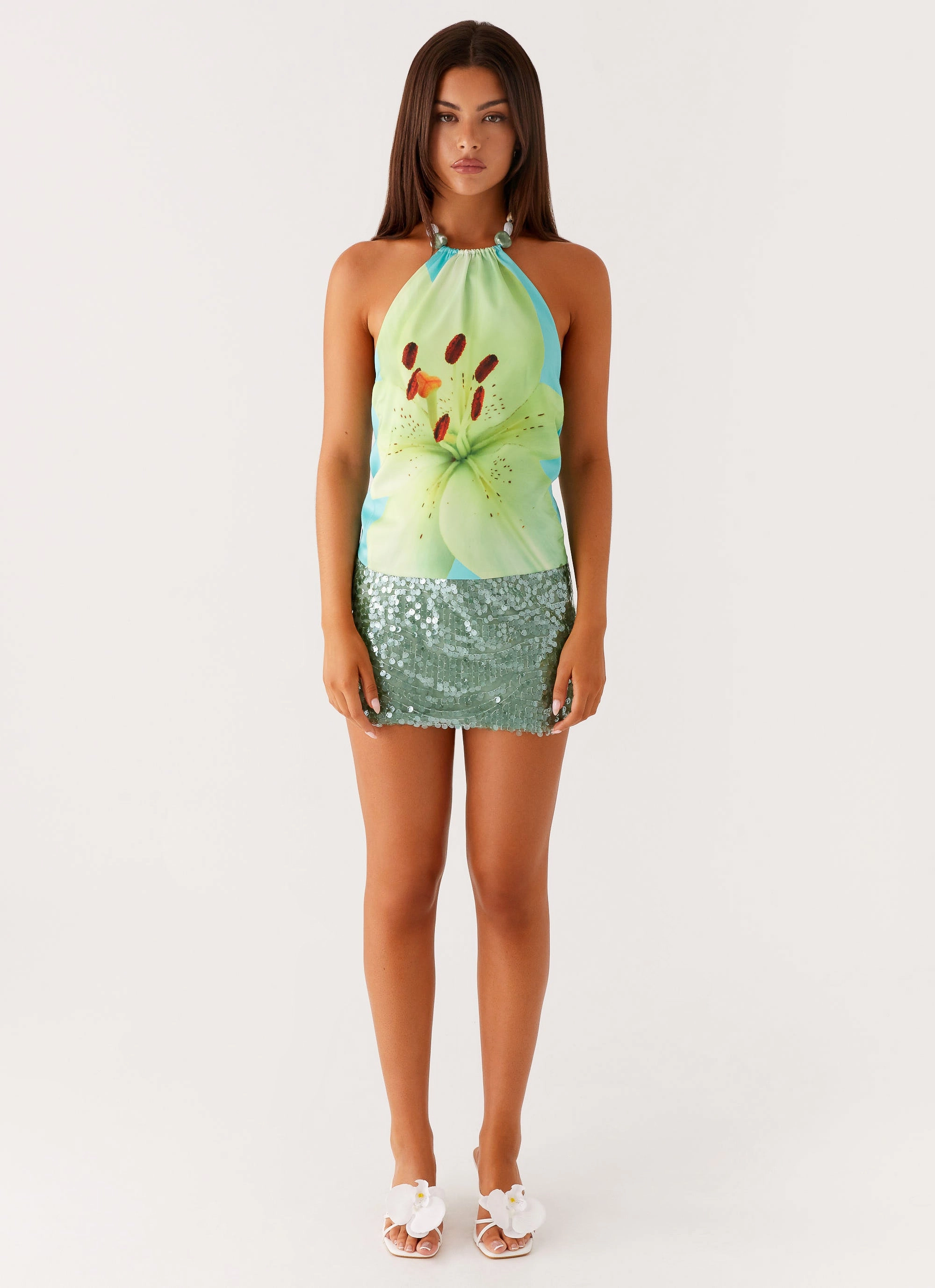 Glow In The Dark Accent Trim Dalila Beaded Tie Back Top - Turquoise Floral