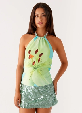 Dalila Beaded Tie Back Top - Turquoise Floral Elasticized Waistband TaglessNecklineComfort