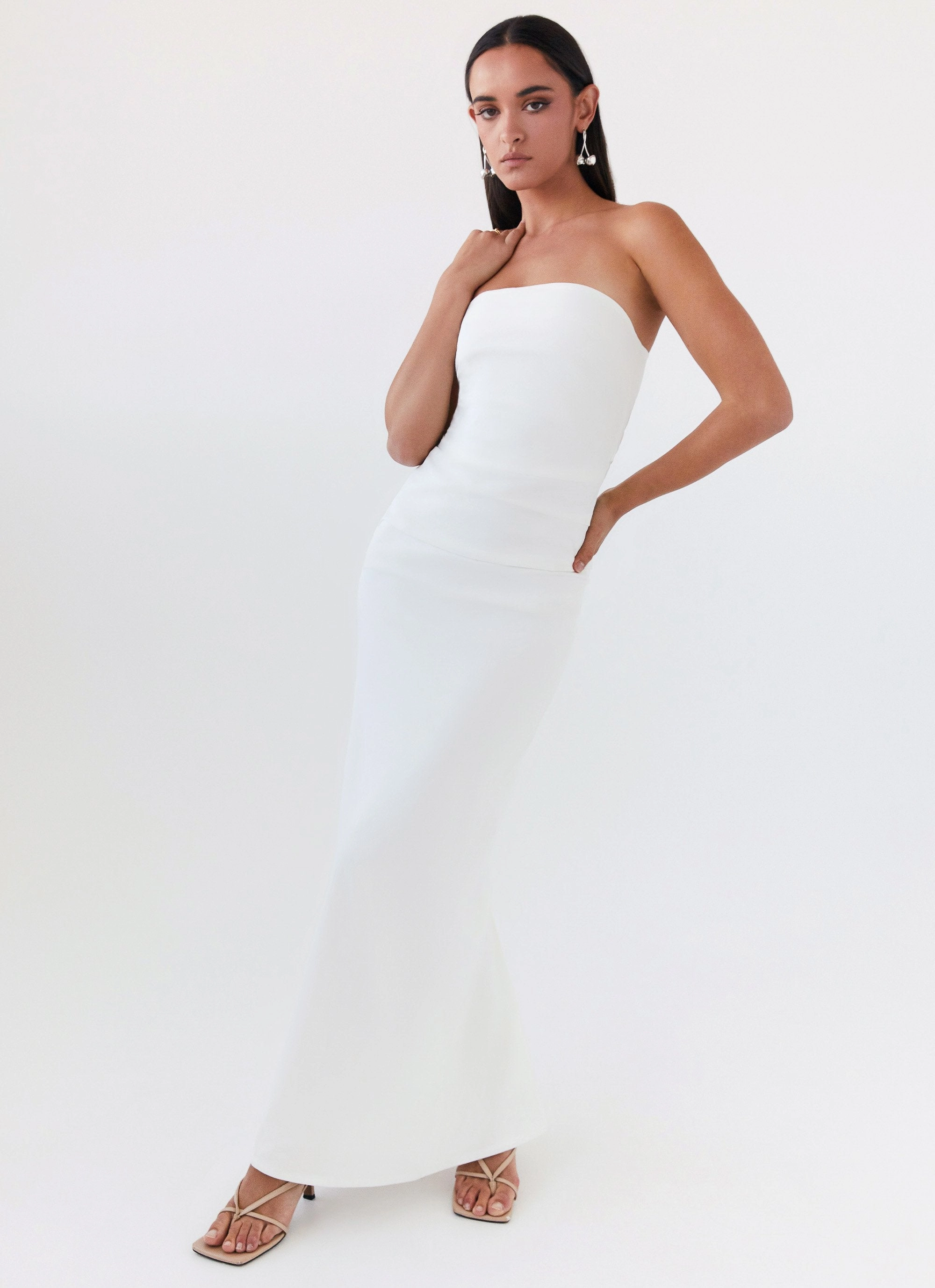 Danielle Strapless Maxi Dress - White Flared shape