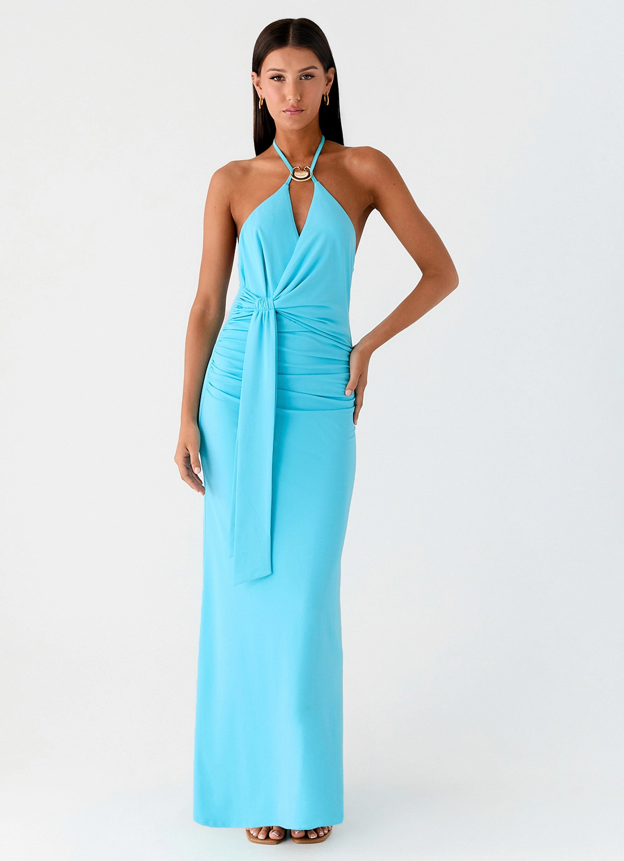 Fitted Mood Dare Me Halter Maxi Dress - Aqua Blue
