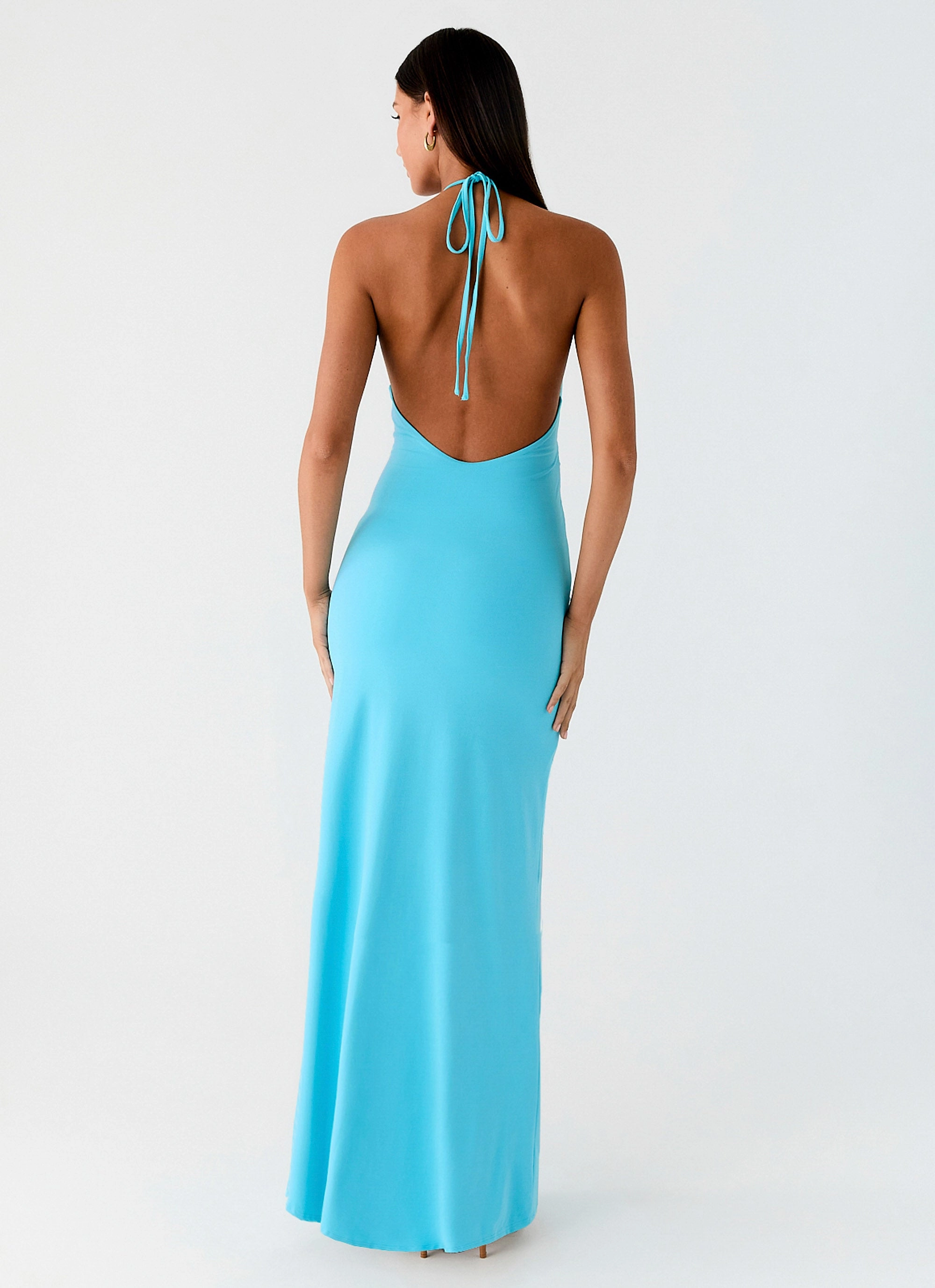 Balanced Tone Stream Cut Dare Me Halter Maxi Dress - Aqua Blue