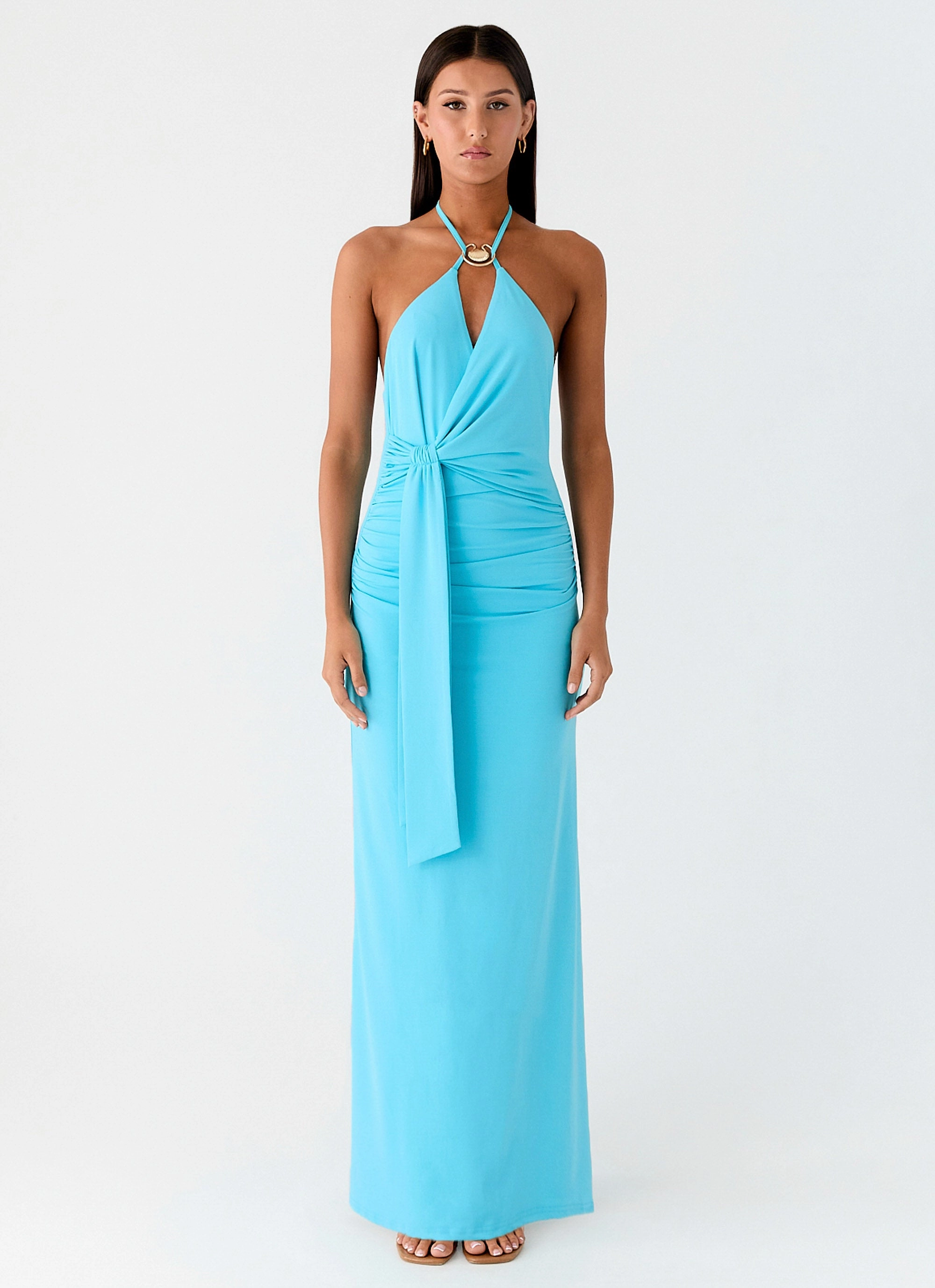 Sweetheart-Neck Flattering Fit for All Dare Me Halter Maxi Dress - Aqua Blue
