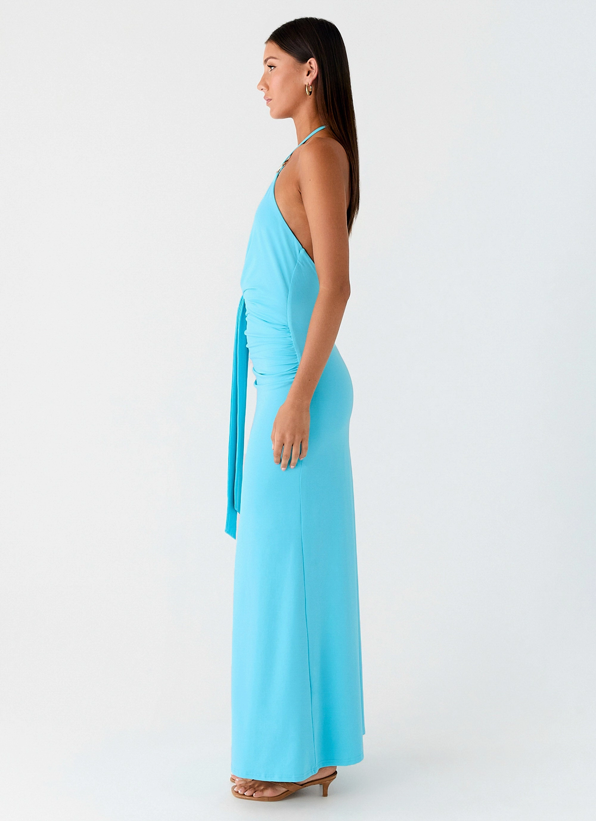 Dare Me Halter Maxi Dress - Aqua Blue Pleat Breeze