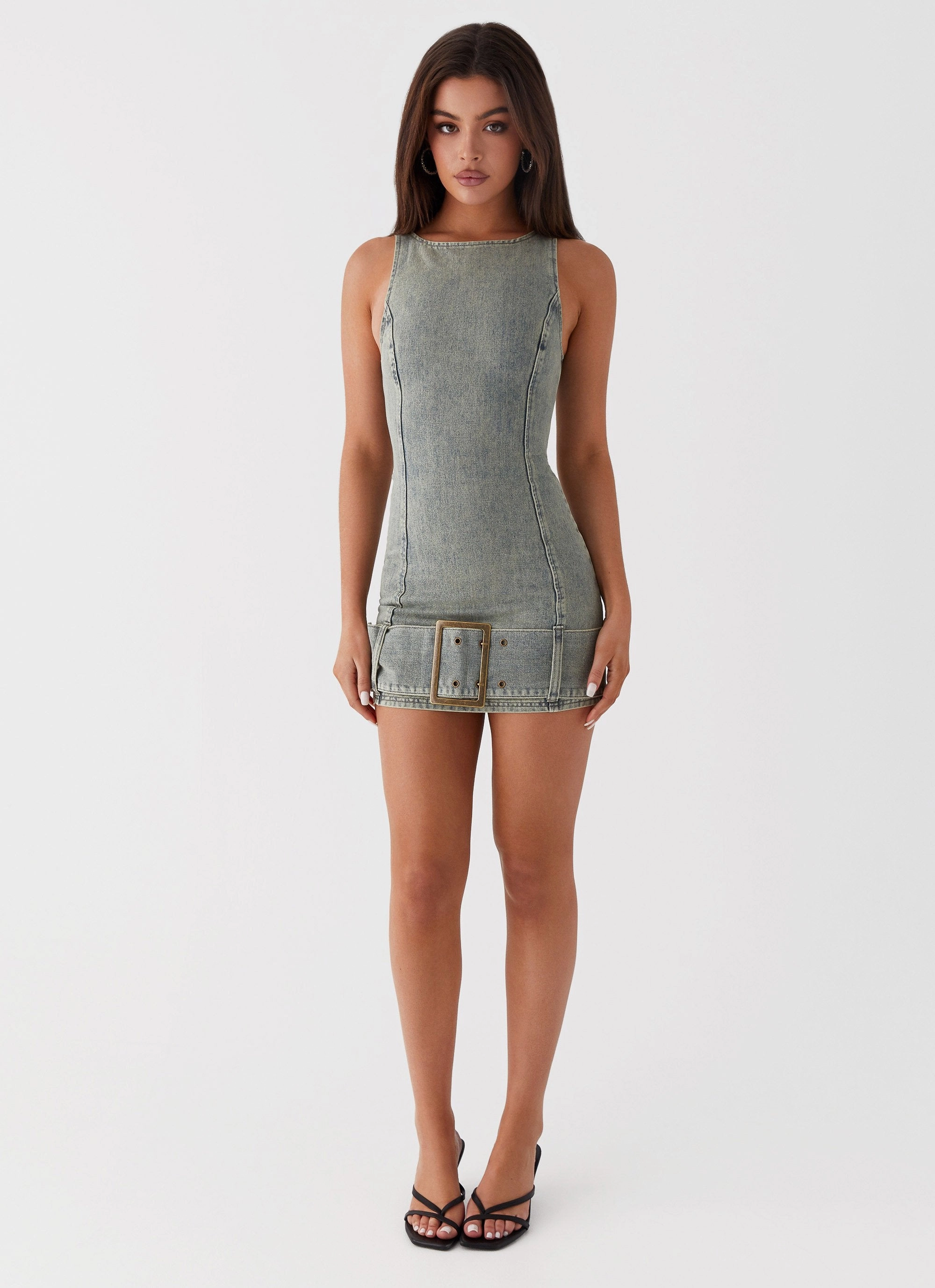 Dark Matter Mini Dress - Washed Denim High Neck