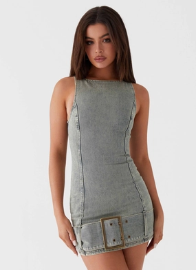 Silk Shine Elegant Line Dark Matter Mini Dress - Washed Denim