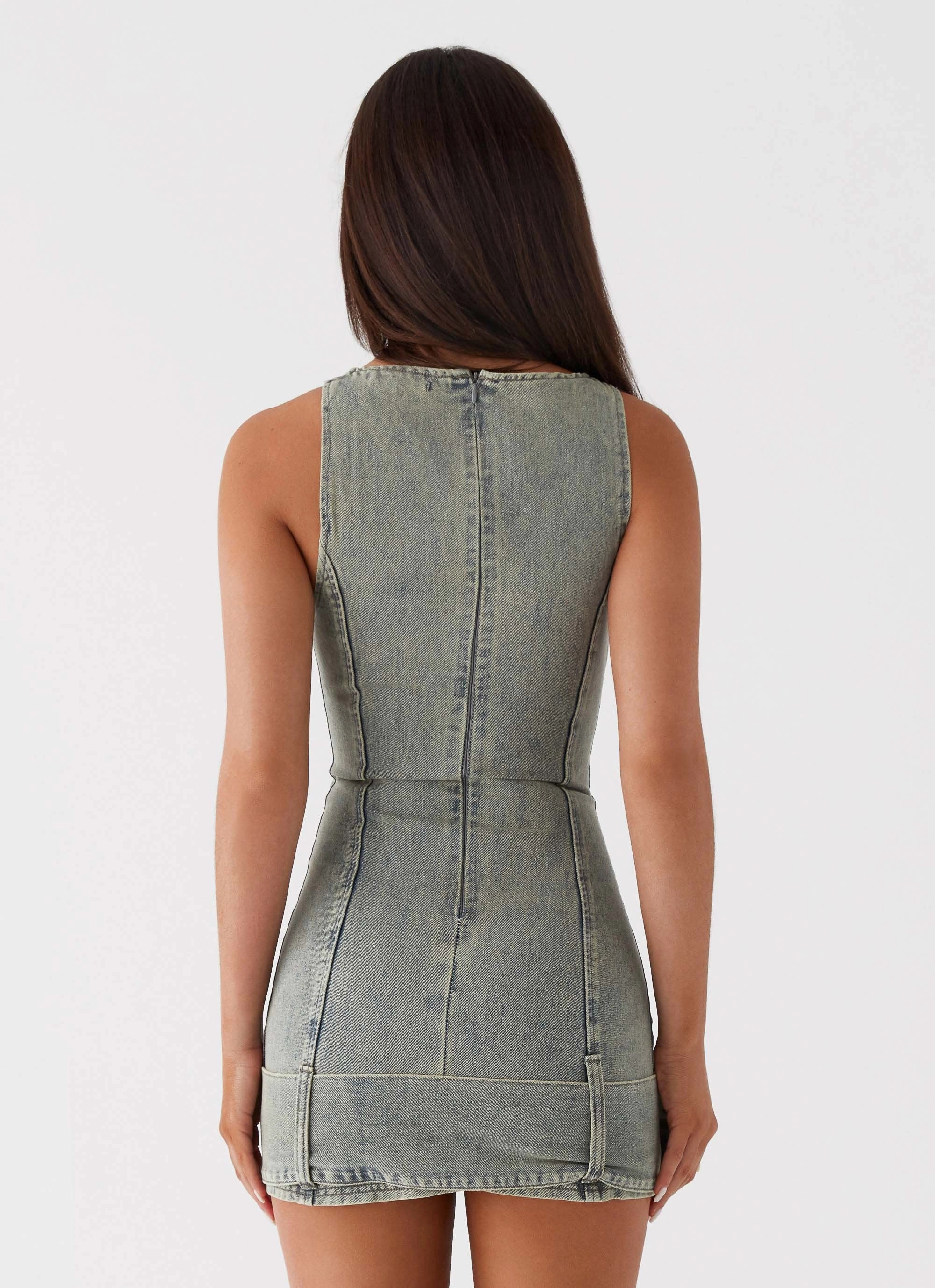 Dark Matter Mini Dress - Washed Denim Elegant Finish Polished and Elegant