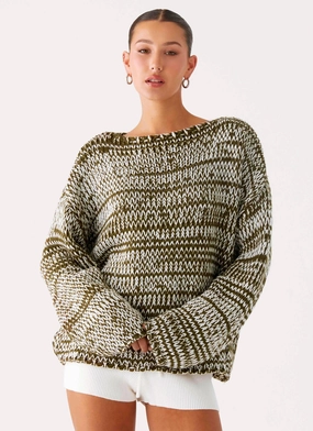 Darla Oversized Knit Jumper - Khaki Classic Zip Up