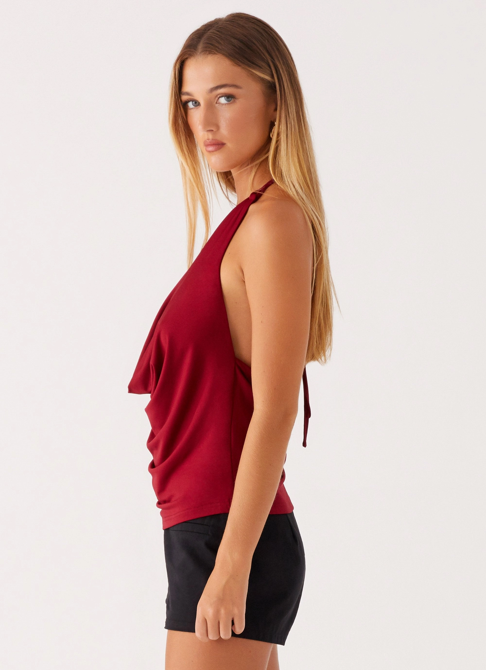 Two Tone Weave Dasha Cowl Top - Red