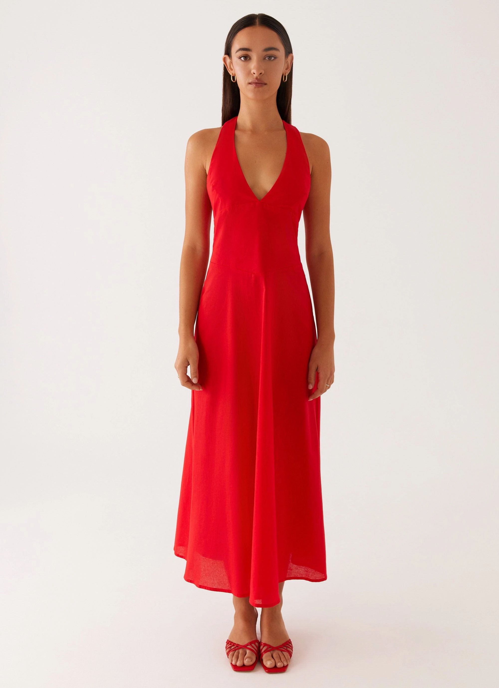 Semi Sheer Square Neck Falling For You Midi Dress - Red