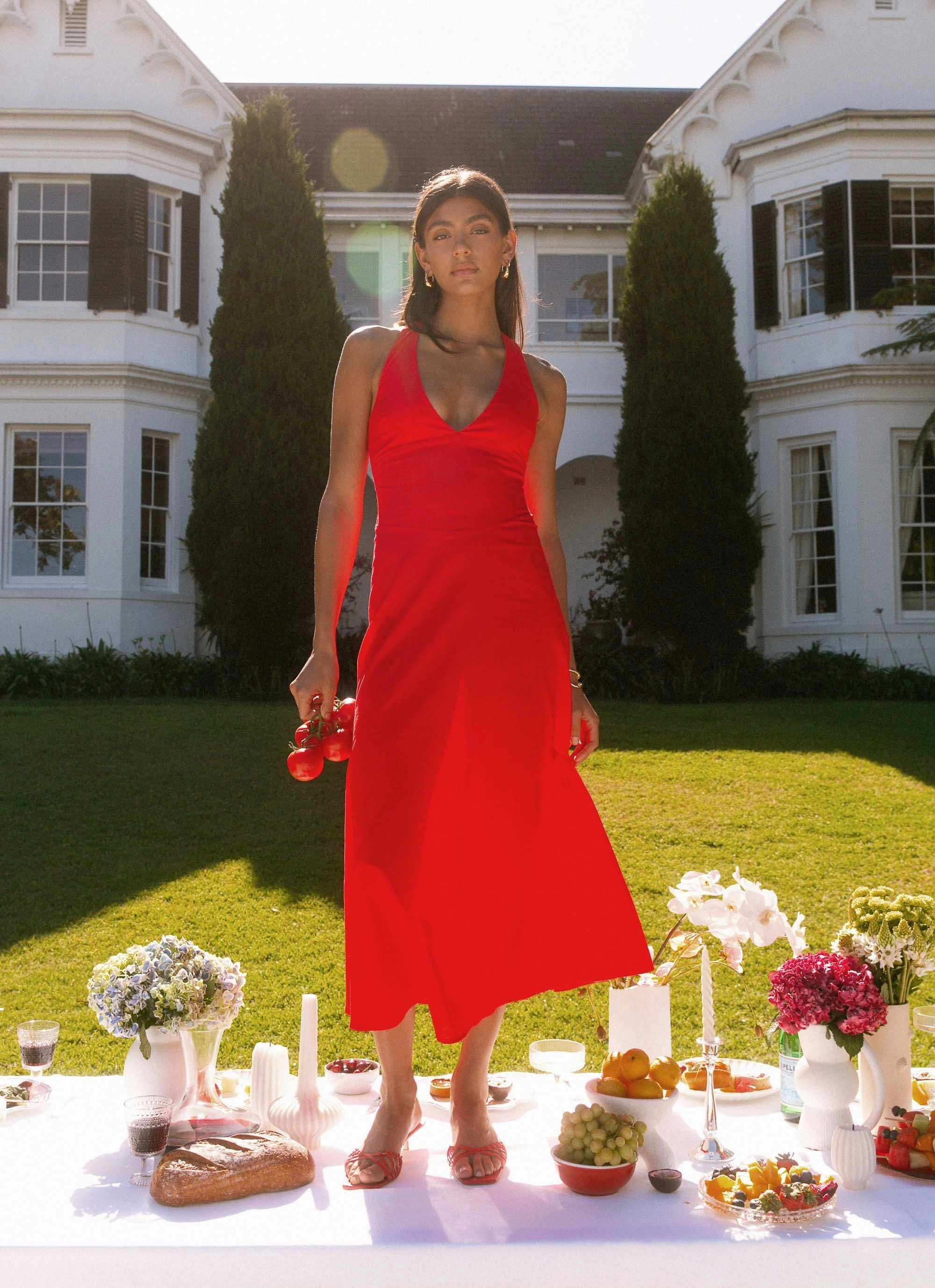 Falling For You Midi Dress - Red Pink Glow