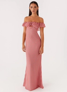 Scarlet Cherry Maxi Dress - Red Gingham Comfy Flex