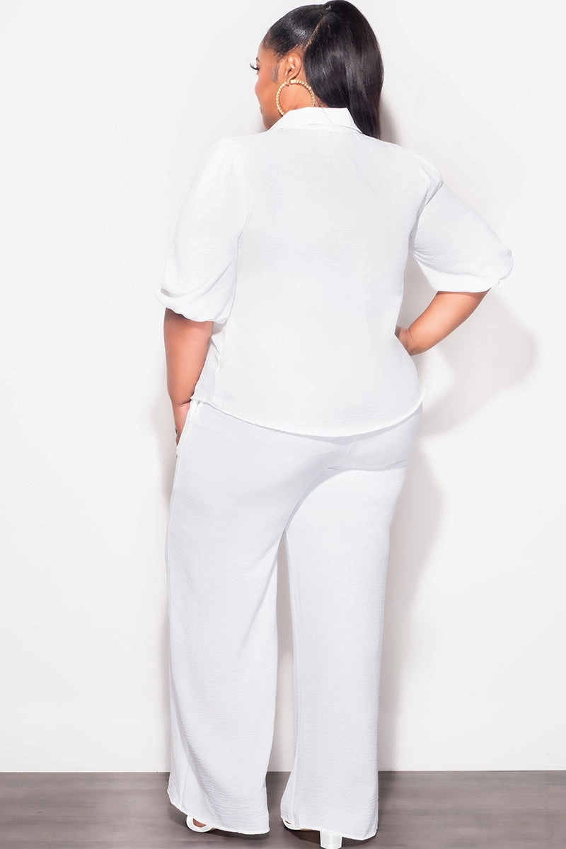 Final Sale Plus Size 2pc Button Up Collar Top and Pants Set in Off White Linen Quick Slip EasyCareFabric