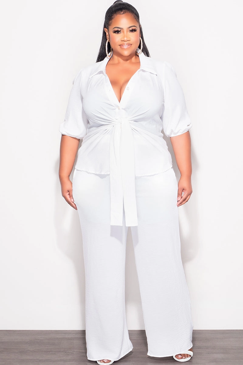 Final Sale Plus Size 2pc Button Up Collar Top and Pants Set in Off White Linen Tagless Design