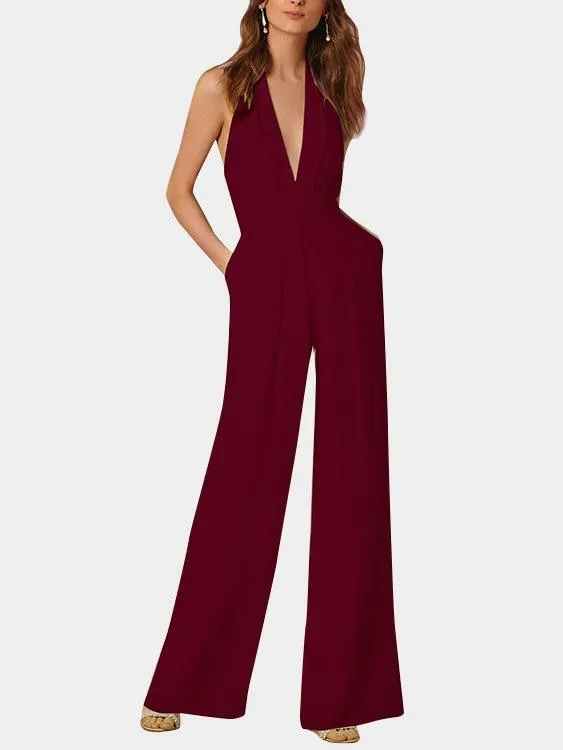 Deep V-neck Sleeveless Wide Leg Playsuit