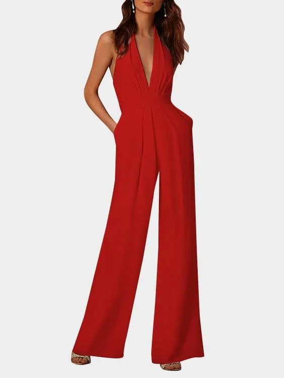 Deep V-neck Sleeveless Wide Leg Playsuit