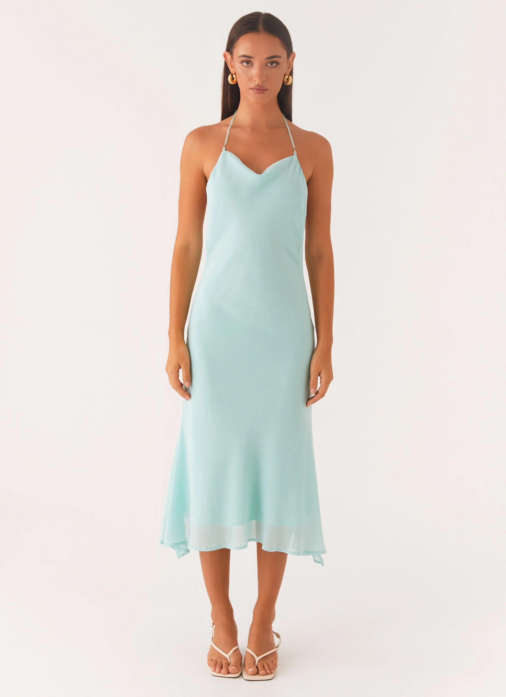 Deep Dive Midi Dress - Pale Blue Puff-Sleeve Comfortable casual dress