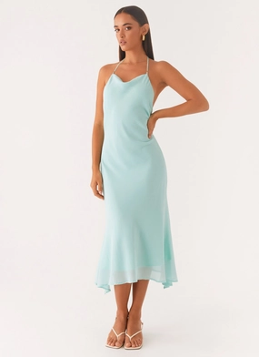 Ribbed-Texture Silky Shape Deep Dive Midi Dress - Pale Blue