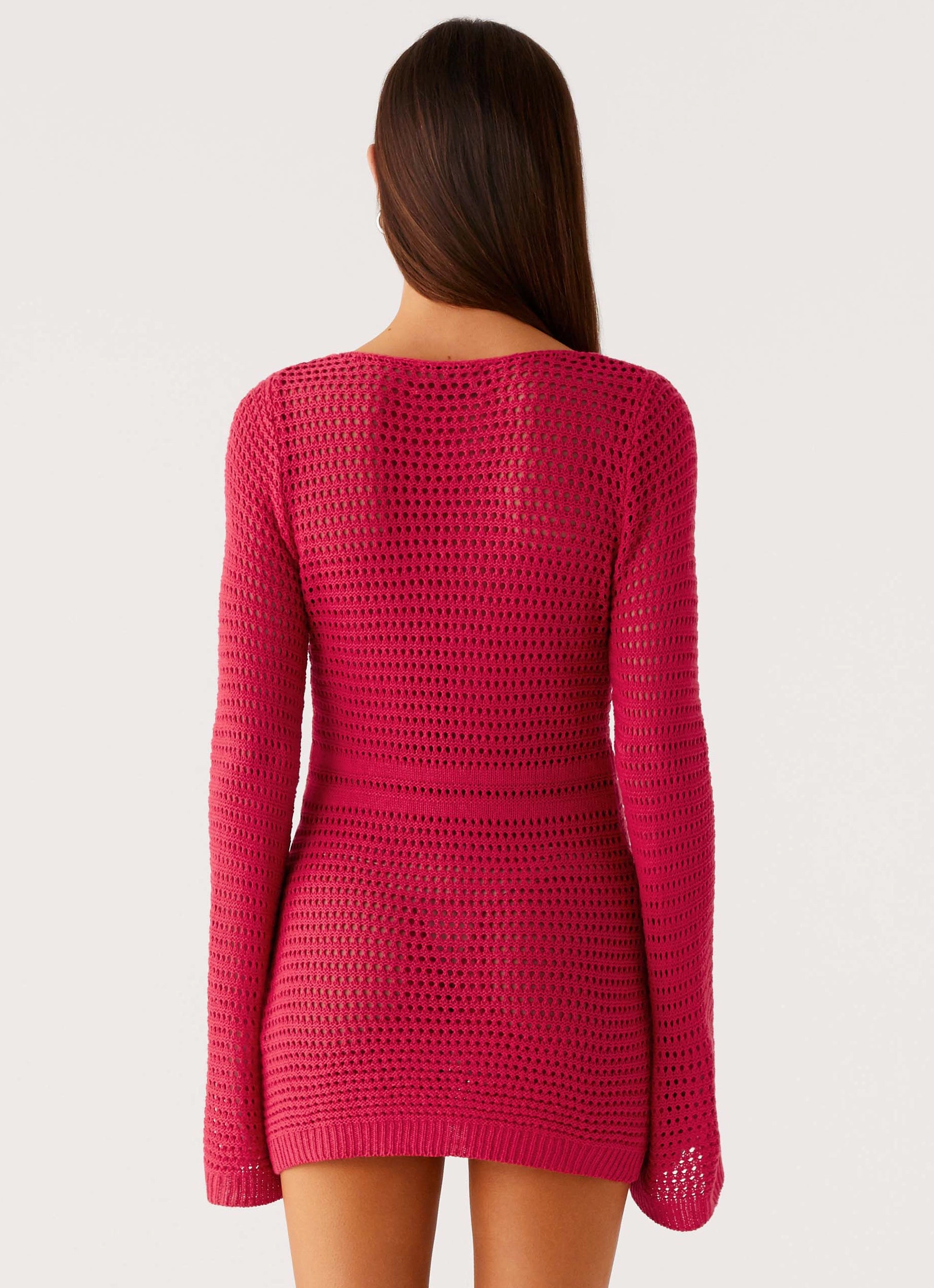 Sunriser Crochet Mini Dress - Pink Natural Texture Front-Pocket