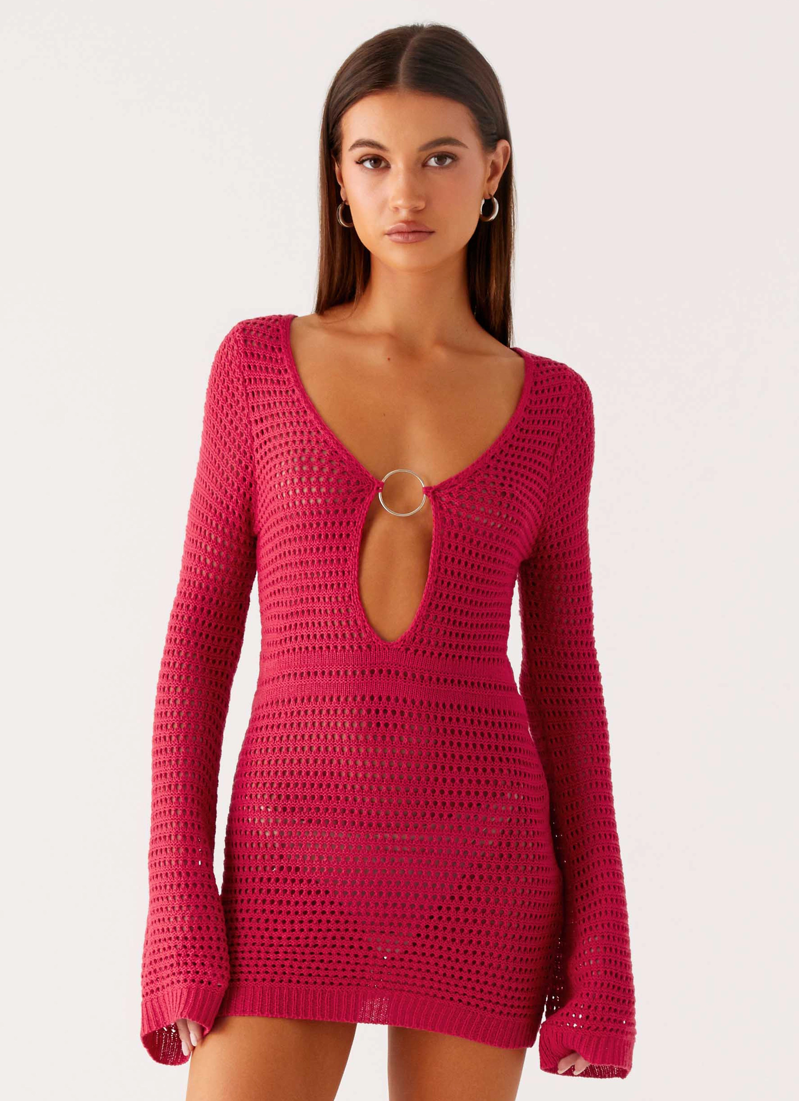 Easy Draping Patterned-Fabric Sunriser Crochet Mini Dress - Pink