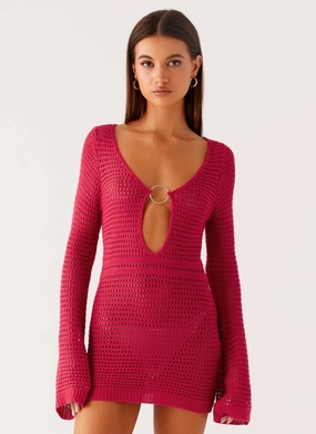 Easy Draping Patterned-Fabric Sunriser Crochet Mini Dress - Pink