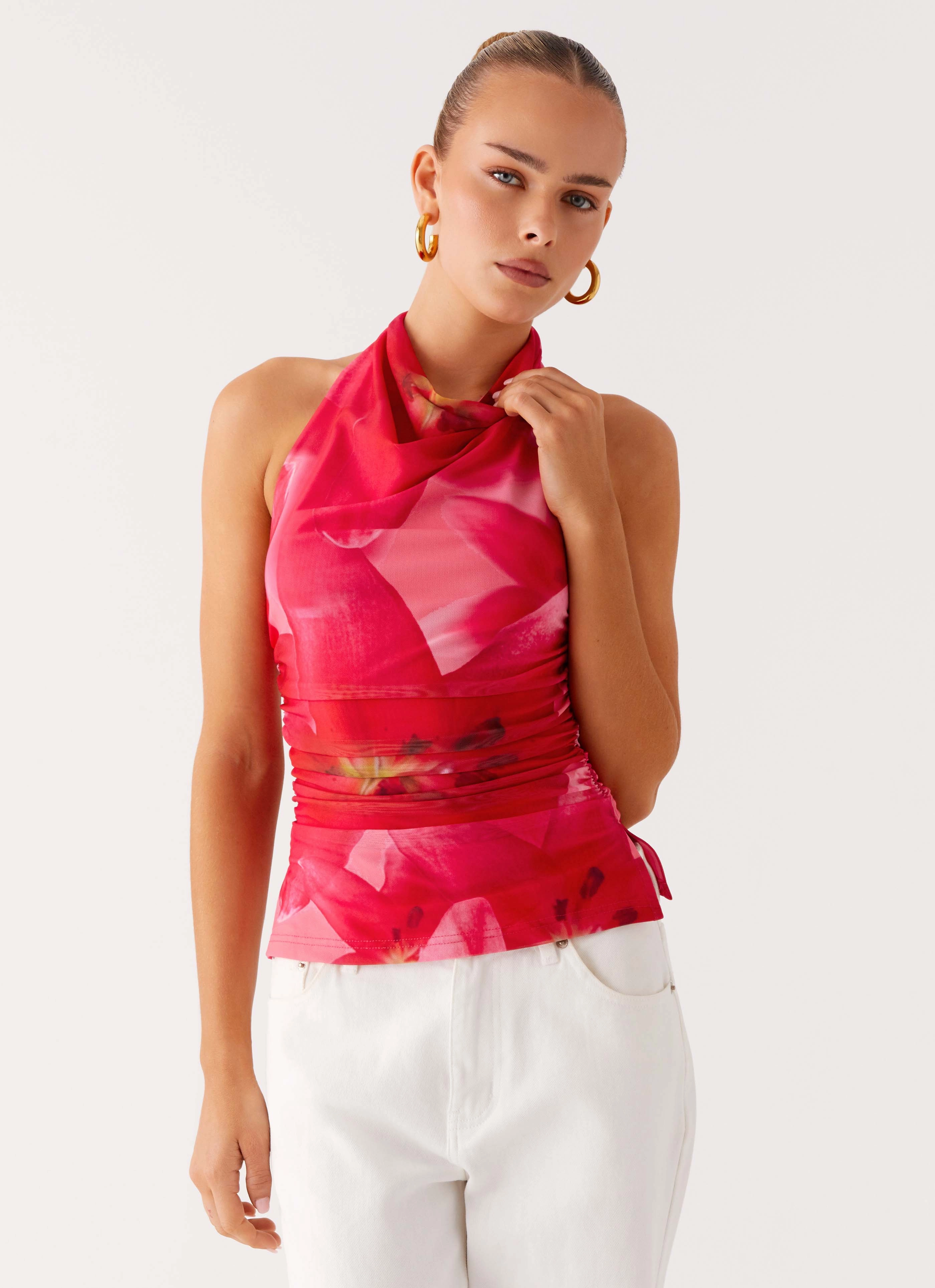 Abrasion Resistant Surface Delany Halter Top - Peach Watermelon Flower