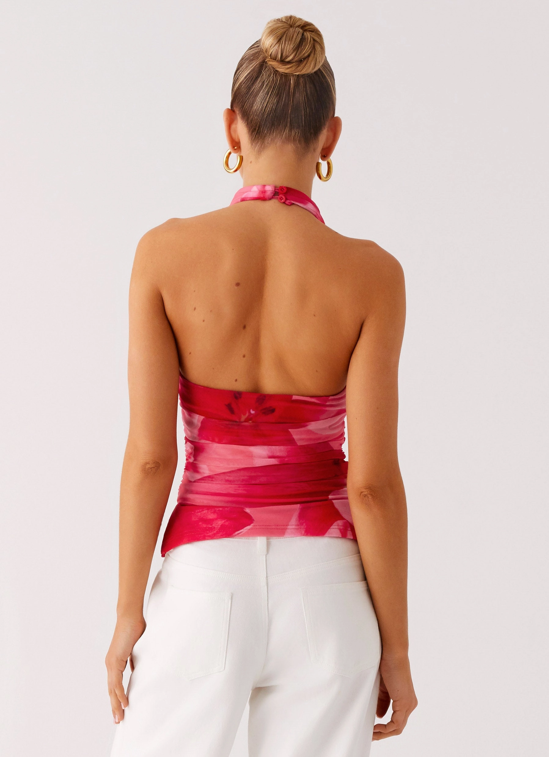 Office Attire Temperature Regulating Fibers Delany Halter Top - Peach Watermelon Flower