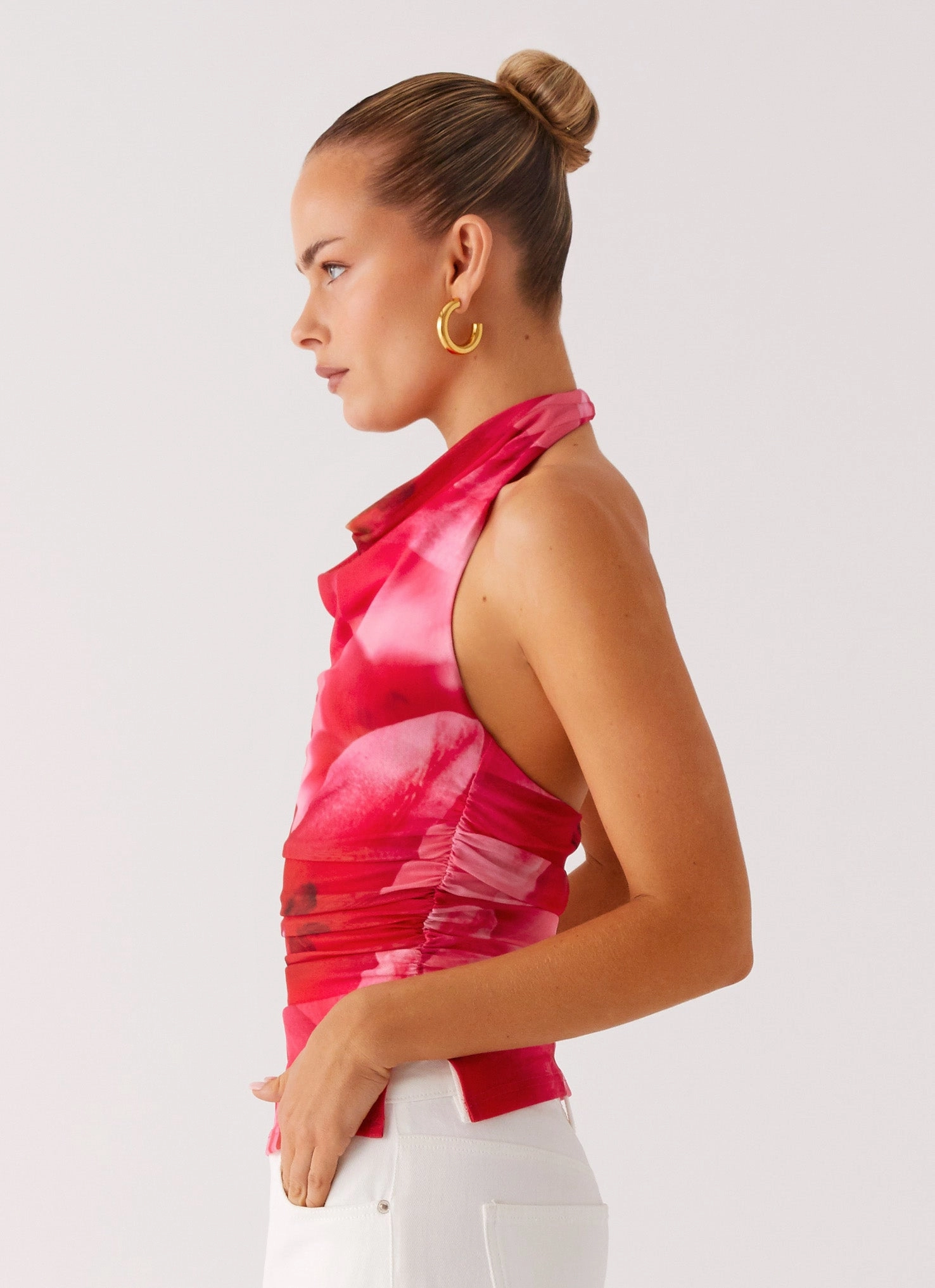 Delany Halter Top - Peach Watermelon Flower HiddenVentilationPockets VersatileNeckline