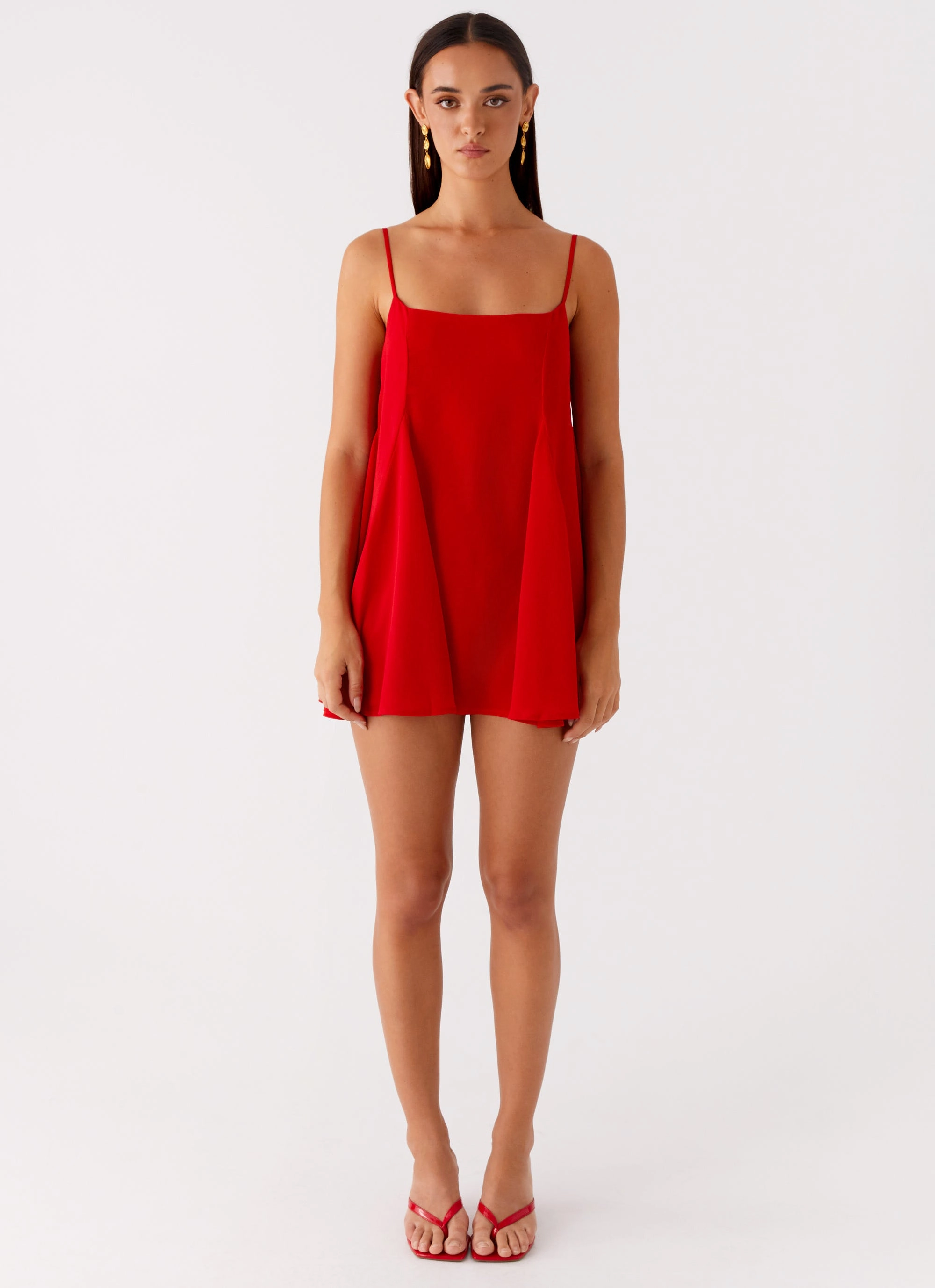Hidden Zipper Soft Pleats Godets Hem Mini Dress - Red