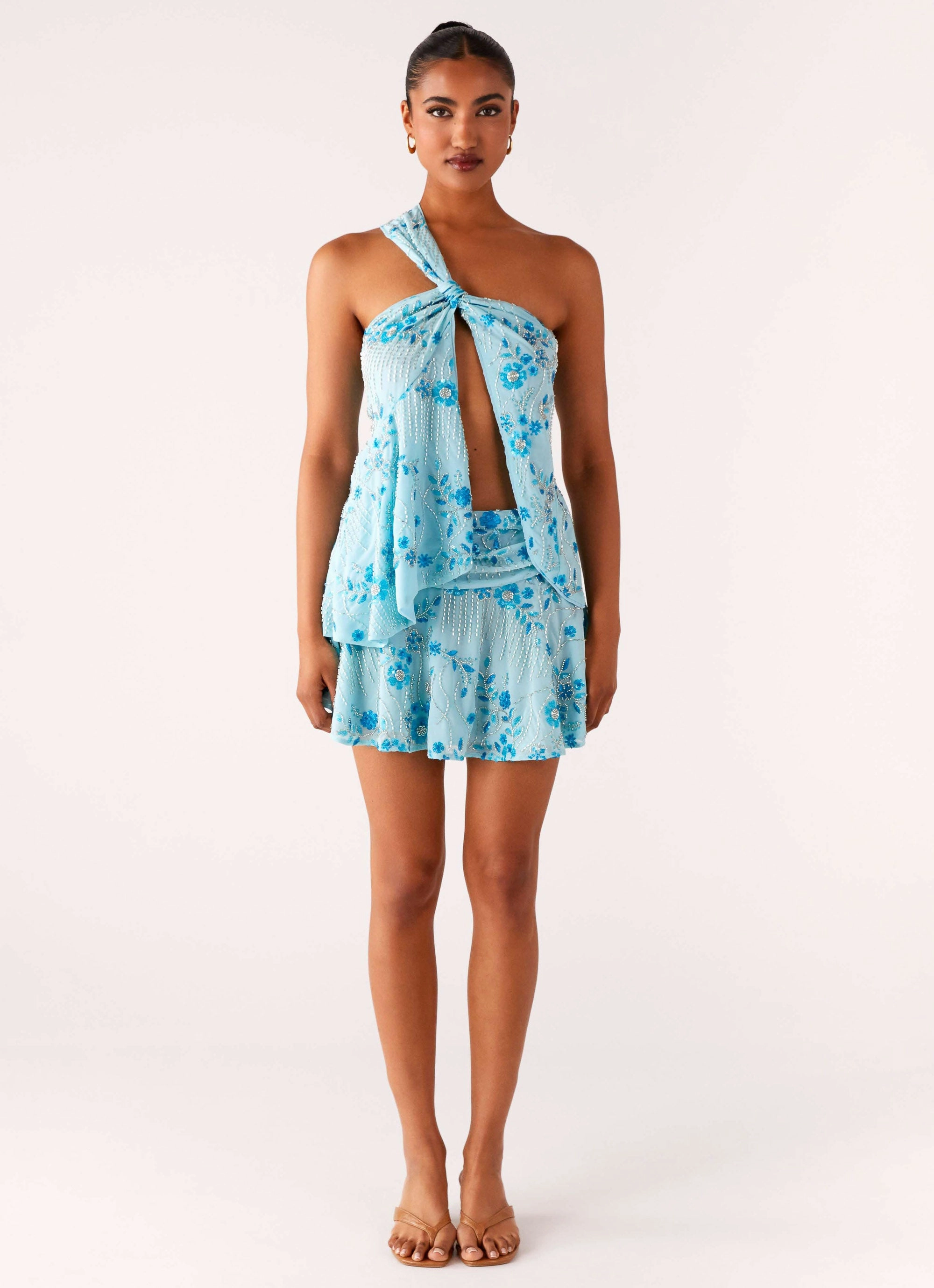 Delight Me Beaded Asymmetrical Top - Blue Relaxed Hoodie