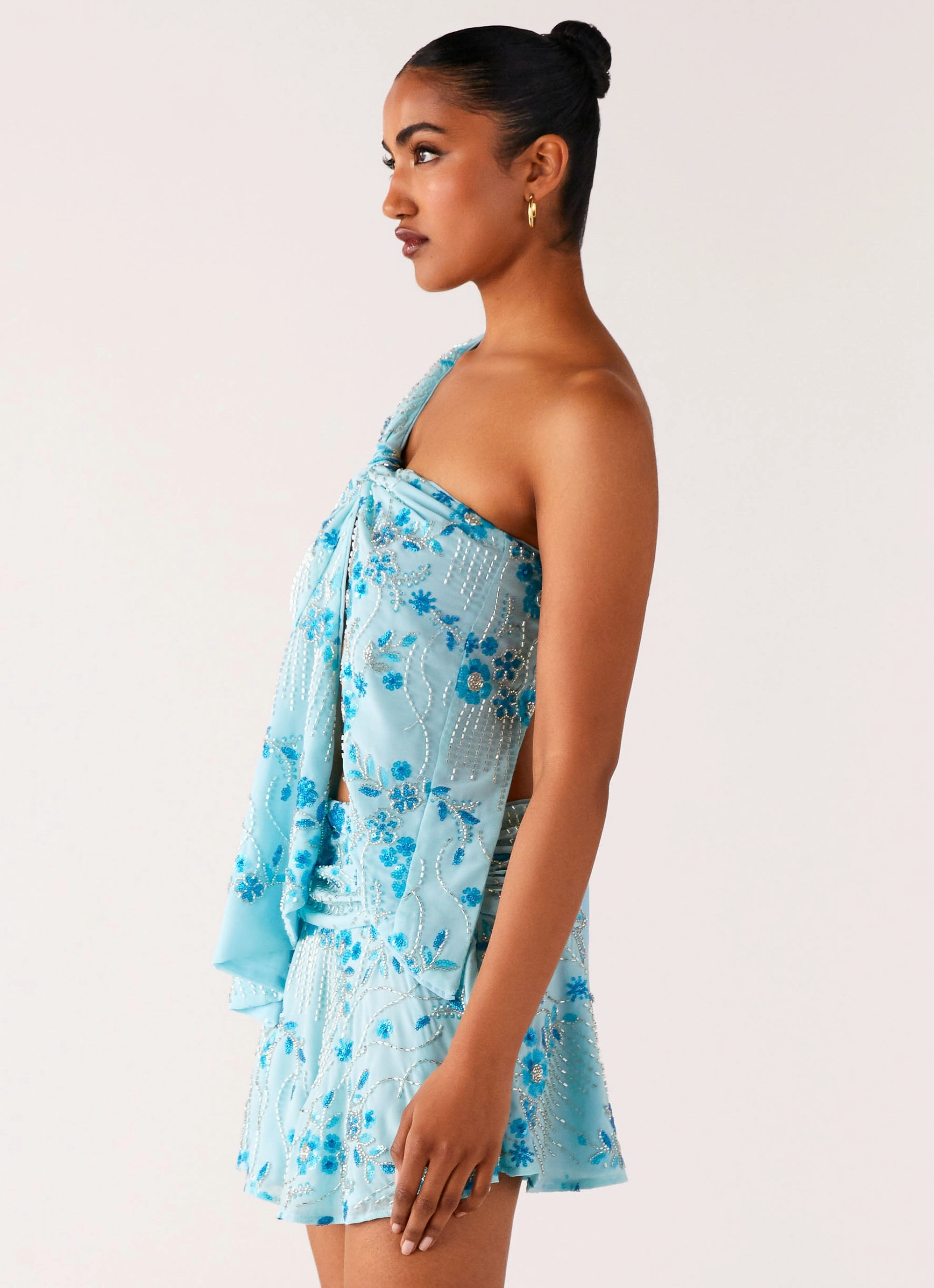 Reinforced Elbow Patches Reflective details Delight Me Beaded Asymmetrical Top - Blue