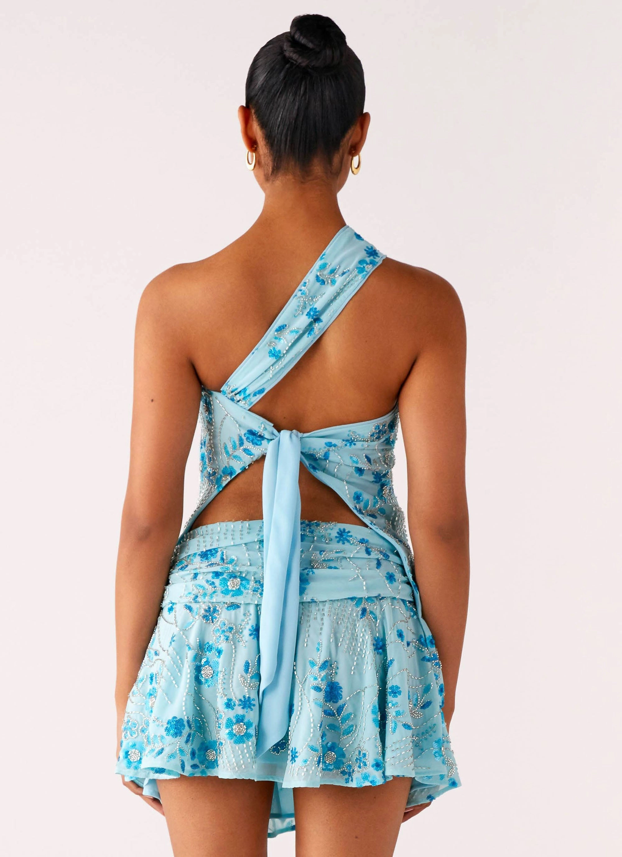Delight Me Beaded Asymmetrical Top - Blue Organic Cotton Blend Flattering Drape