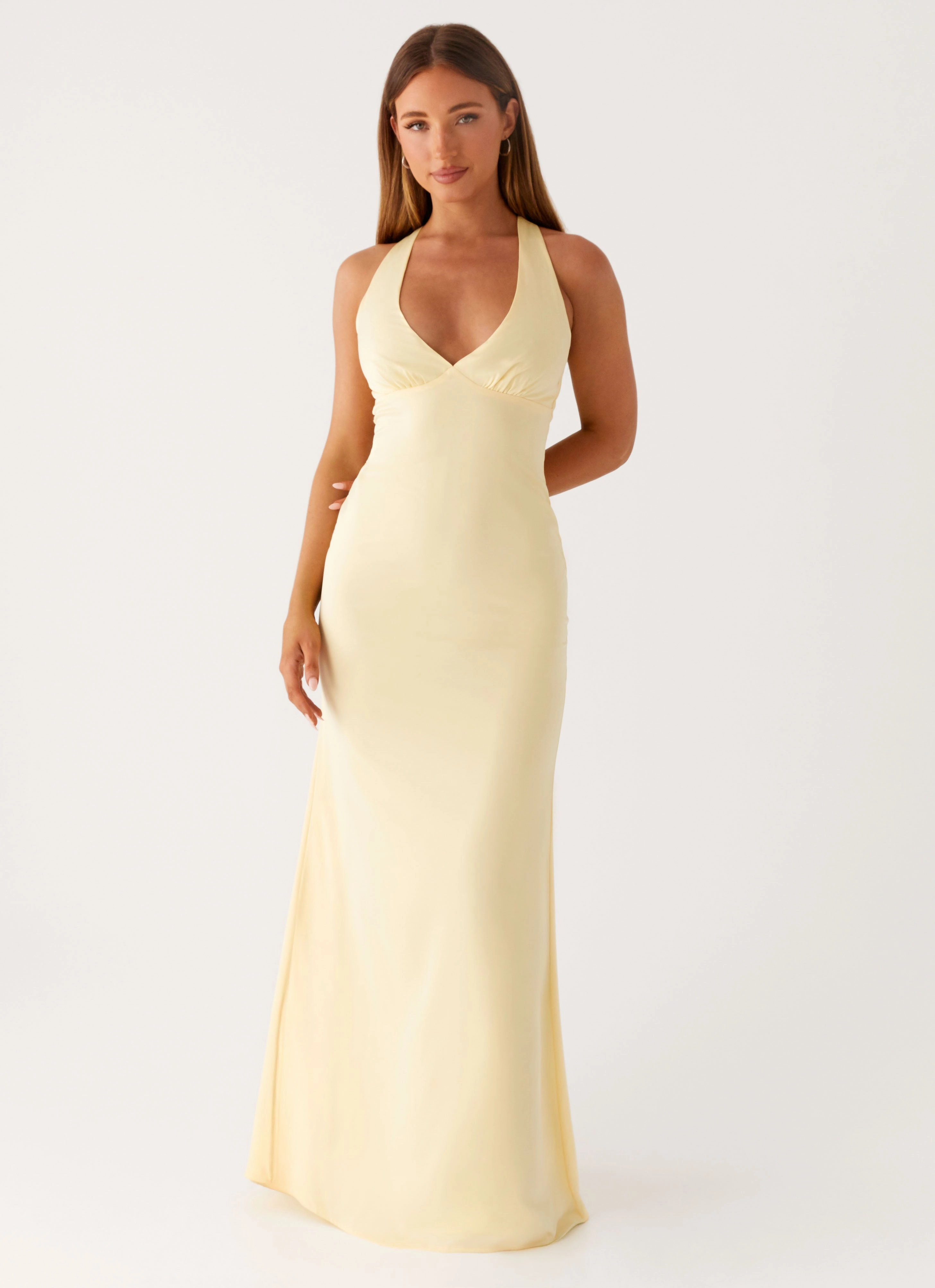 Tailored Waistband Formal Aura Desi Halterneck Maxi Dress - Yellow
