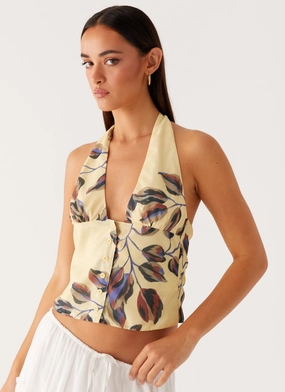 Devoted Halterneck Top - Buttercream Floral Double Layered Hem Reinforcement