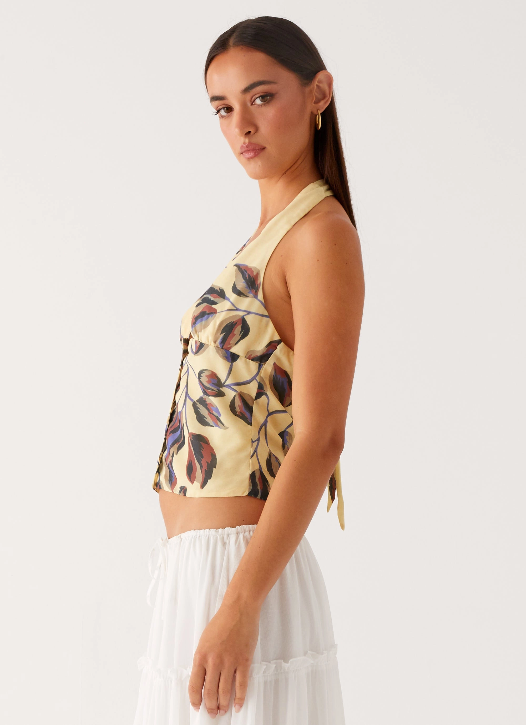 Devoted Halterneck Top - Buttercream Floral DoubleStitchedSeams Contrast Stitching