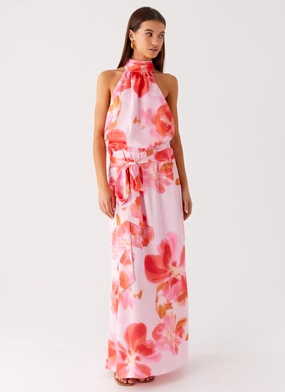Diablo Backless Maxi Dress - Blushing Blossom Front-Slit Dry-Clean-Only