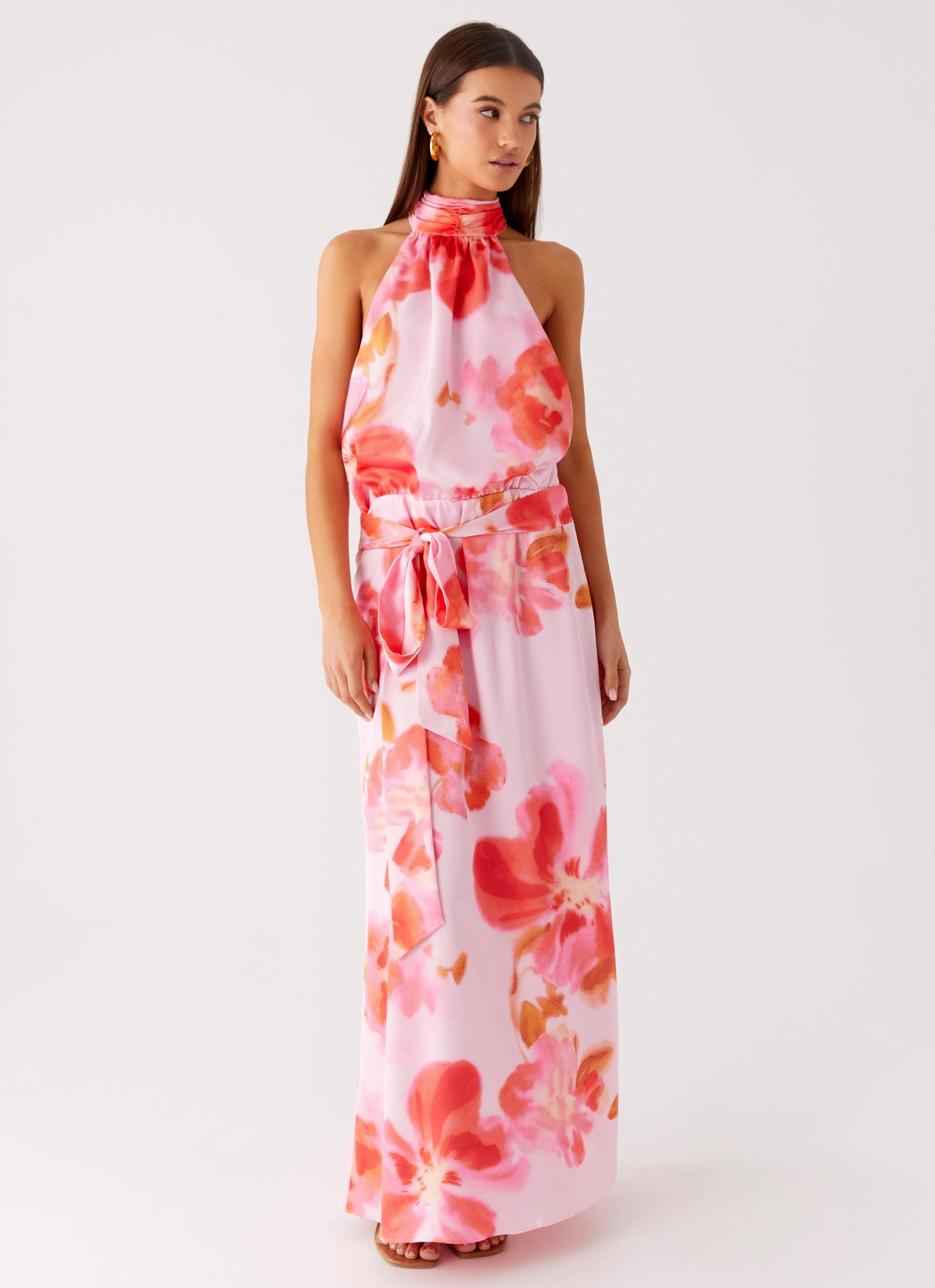 Diablo Backless Maxi Dress - Blushing Blossom Front-Slit Dry-Clean-Only