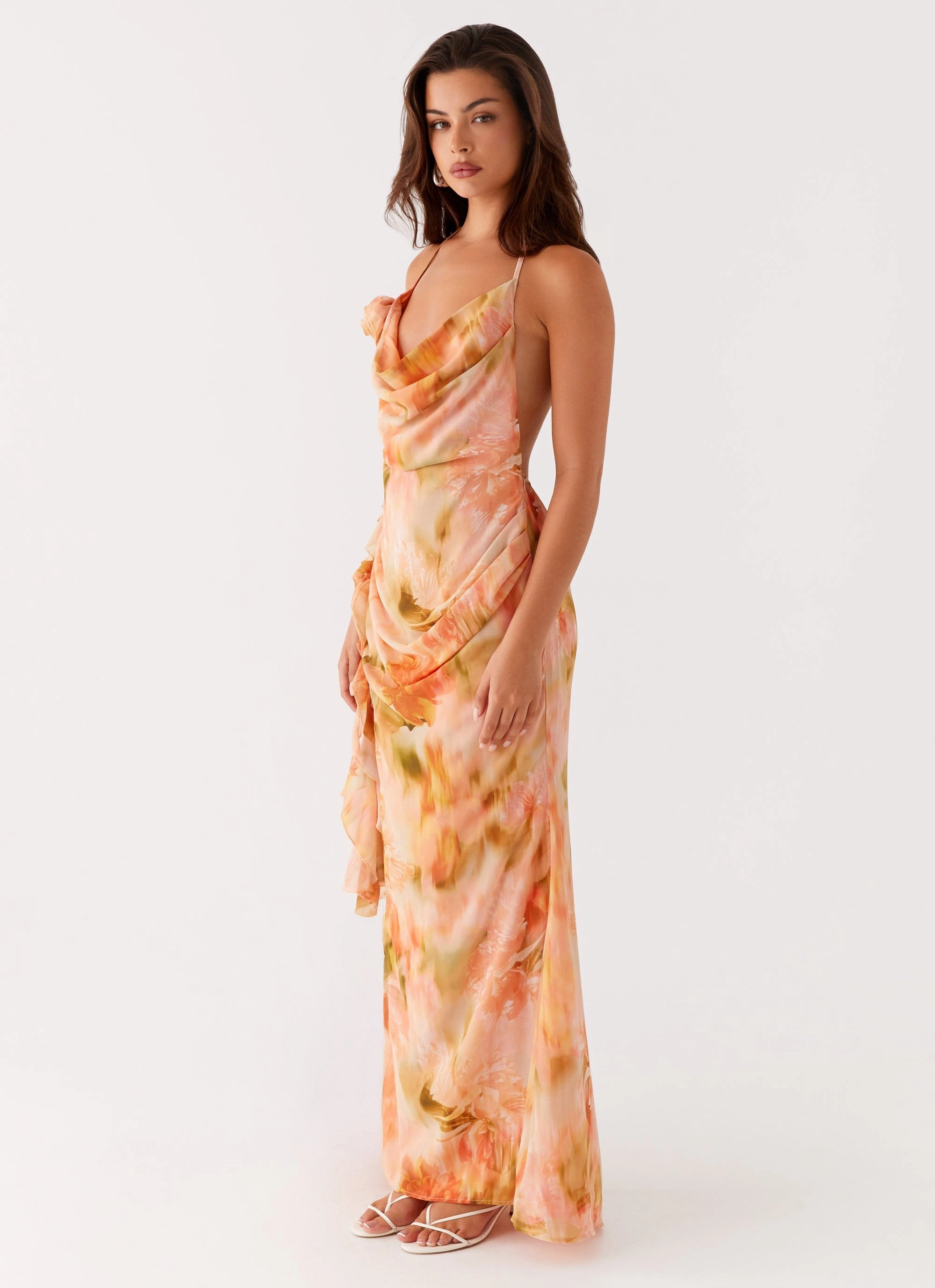 Diedre Rose Strappy Maxi Dress - Sunset Floral Silk Air Relaxed-fit gown