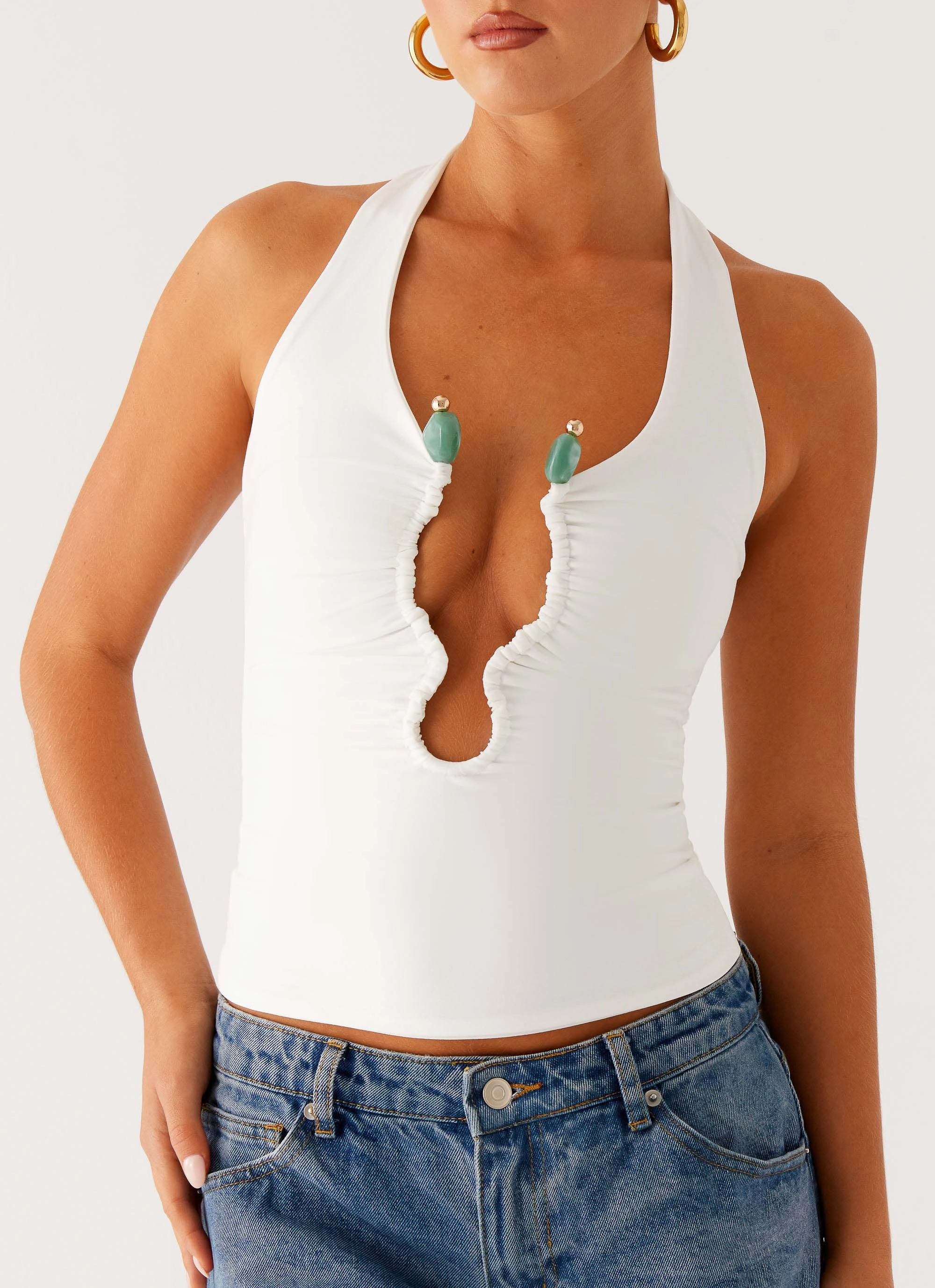 High Density Knit Layered Collar System Diego Halter Top - Off White