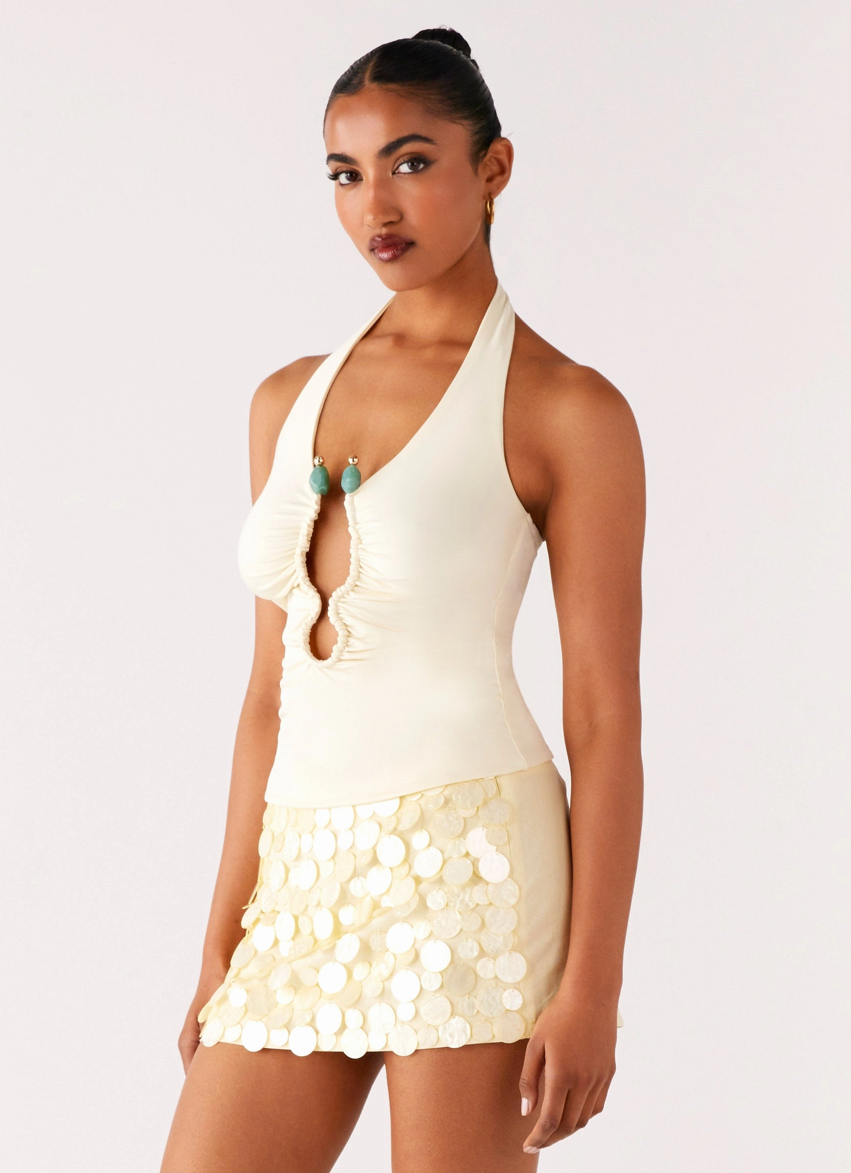 Diego Halter Top - Yellow Flatlock Seams DoubleStitched Hem
