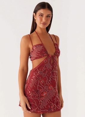 Sahara Nights Beaded Mini Dress - Rust Clean Outline