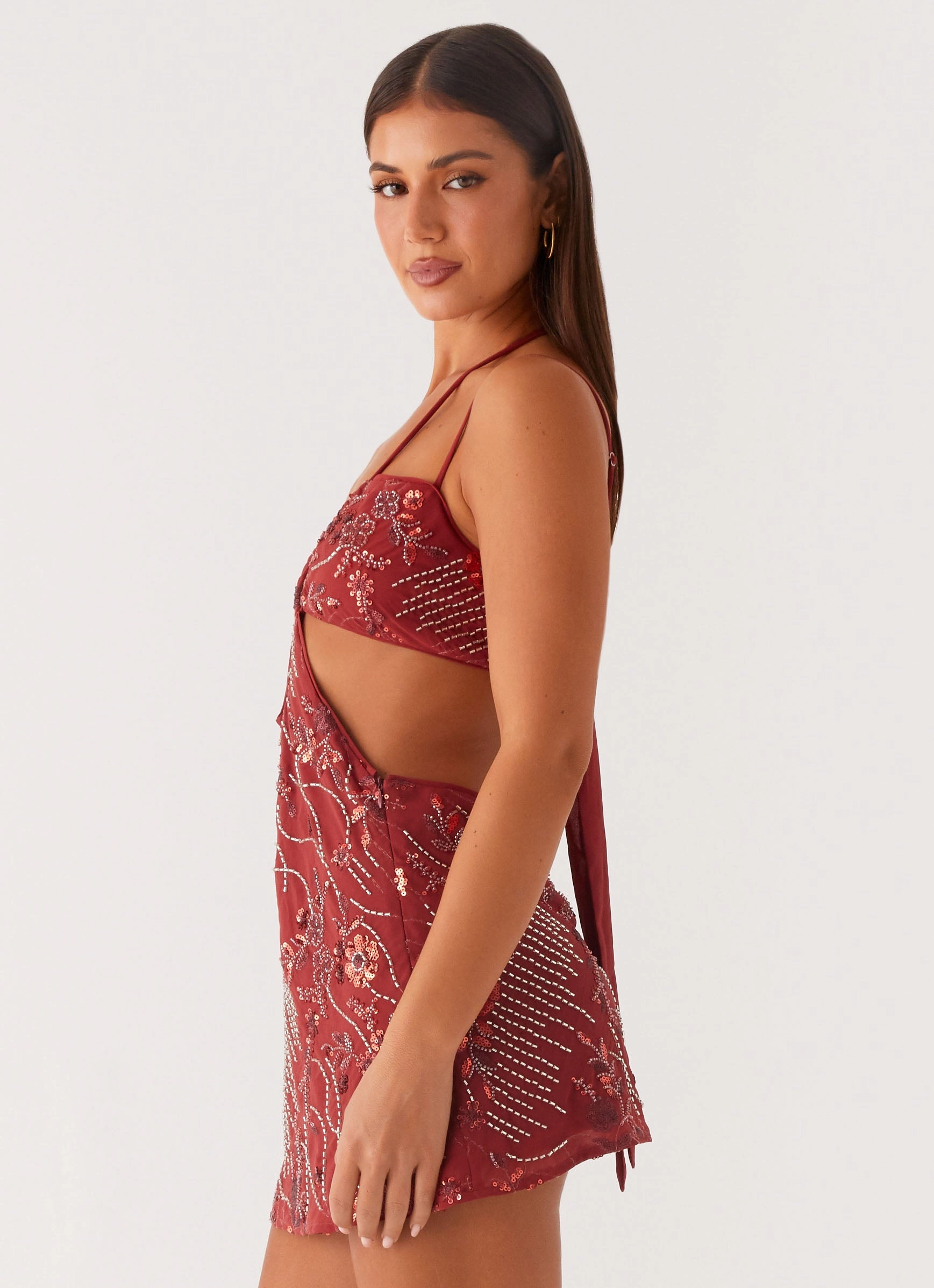 Sahara Nights Beaded Mini Dress - Rust Texture Blend Button Accent